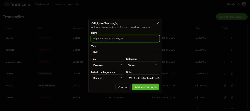 Modal Adicionar transação com nome, valor, tipo, categoria, método de pagamento e data
