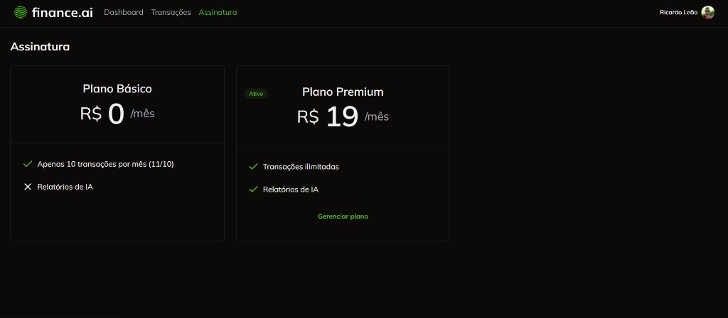 Plano Premium ativo na tela de assinatura, com selo Ativo e link Gerenciar plano