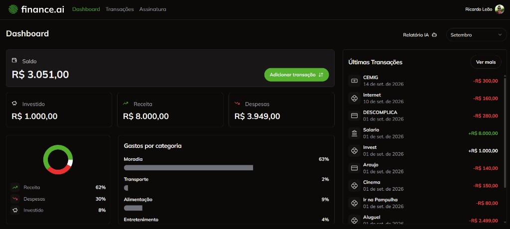 Dashboard do 360Finance AI com saldo, receitas, despesas por categoria e últimas transações