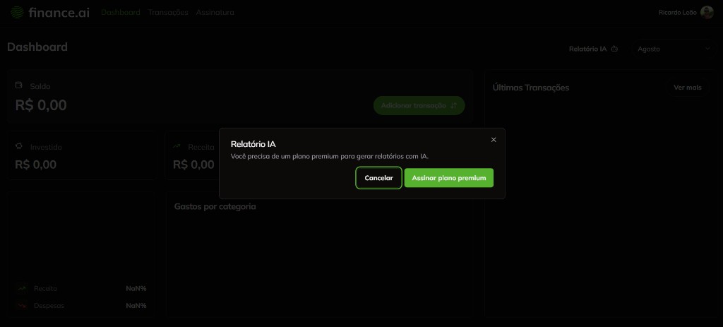 Modal pedindo plano premium para gerar o relatório de IA