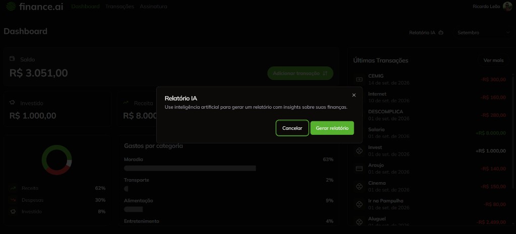 Modal Relatório IA pedindo para gerar insights sobre as finanças do mês