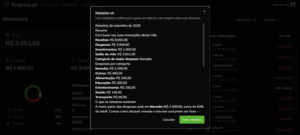 Relatório de IA de setembro com receitas R$ 8.000, despesas R$ 3.949, investimentos R$ 1.000 e saldo R$ 3.051
