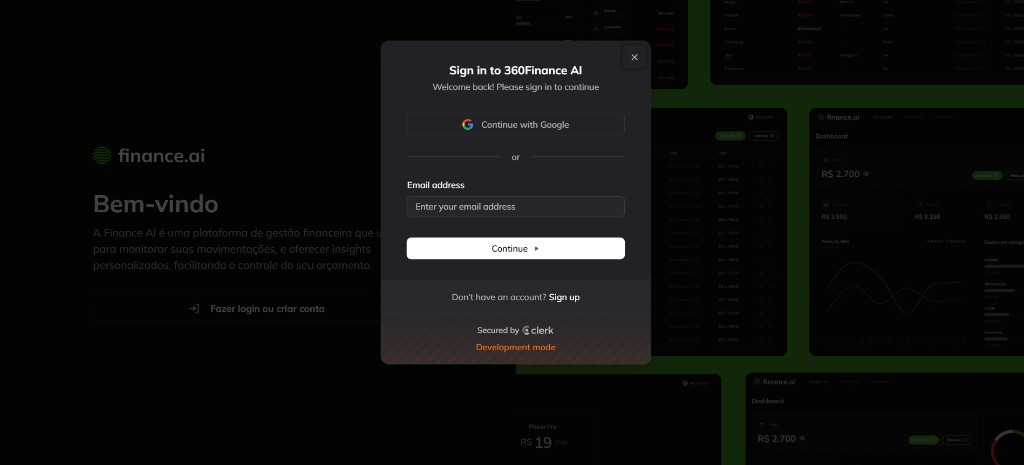 Modal de login do Clerk no 360Finance AI, com Google e email