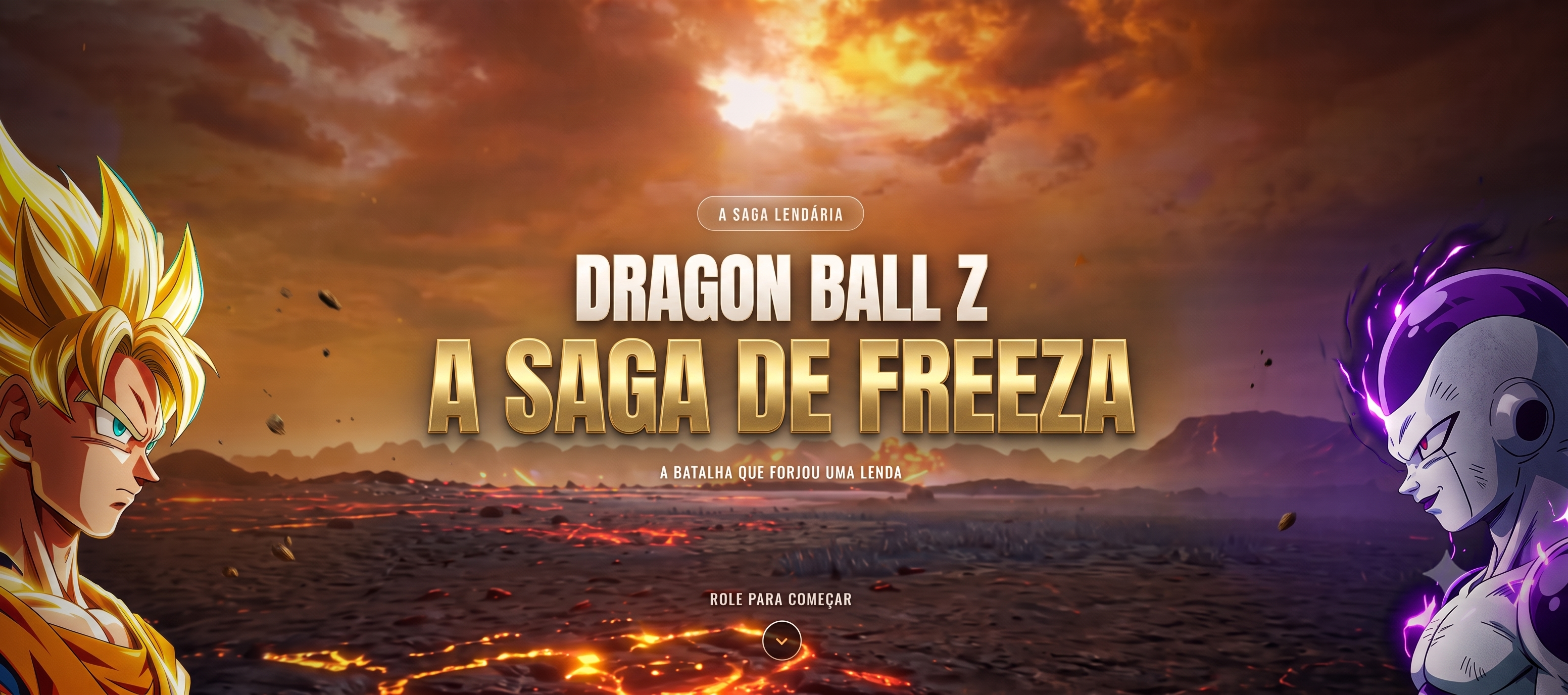 Landing page imersiva de Dragon Ball Z com tipografia cinematográfica e cenário de batalha