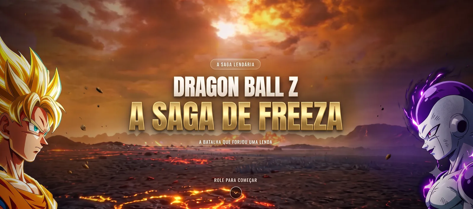 Landing page imersiva de Dragon Ball Z com tipografia cinematográfica e cenário de batalha