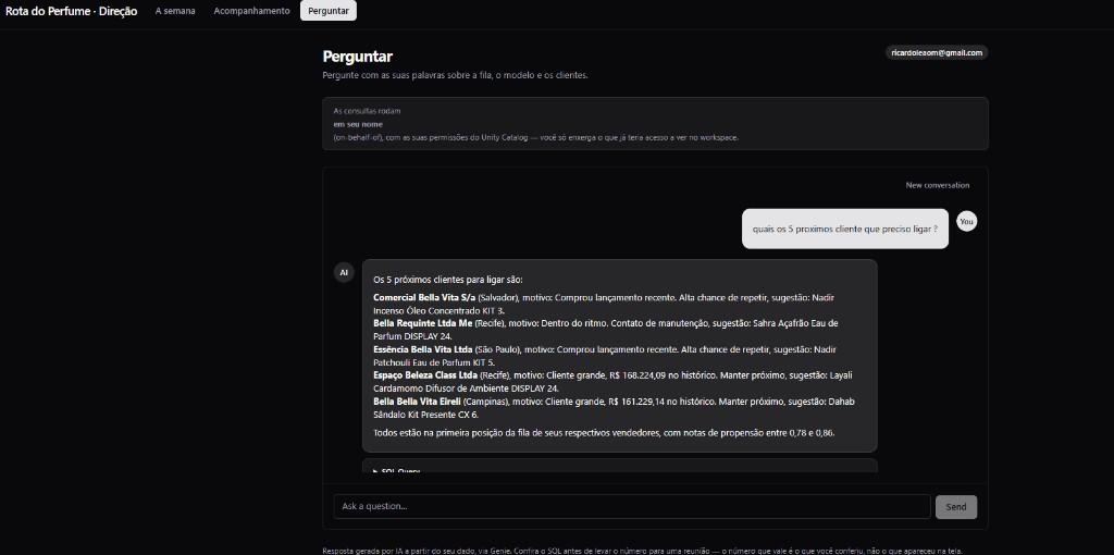Aba Perguntar do app, com o Genie listando os cinco próximos clientes a ligar